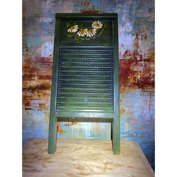 Other - Vintage Hand Painted Daisy Floral Wooden Washboard Green Rustic Farmhouse Decor